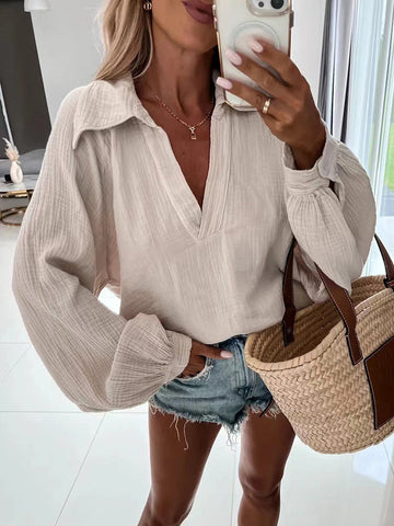 Woochic chemisier avec boutons coton v-cou manches bishop décontracté femme blouse Abricot S